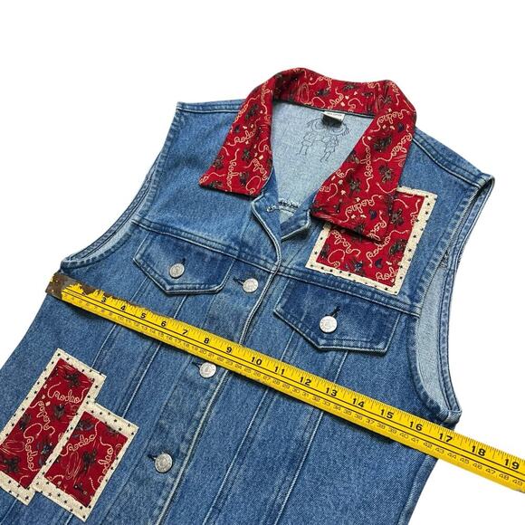 Vintage USA Made Denim Vest Western Cowboy Boot Patch Red Bandana Accents Size M - Picture 7 of 12